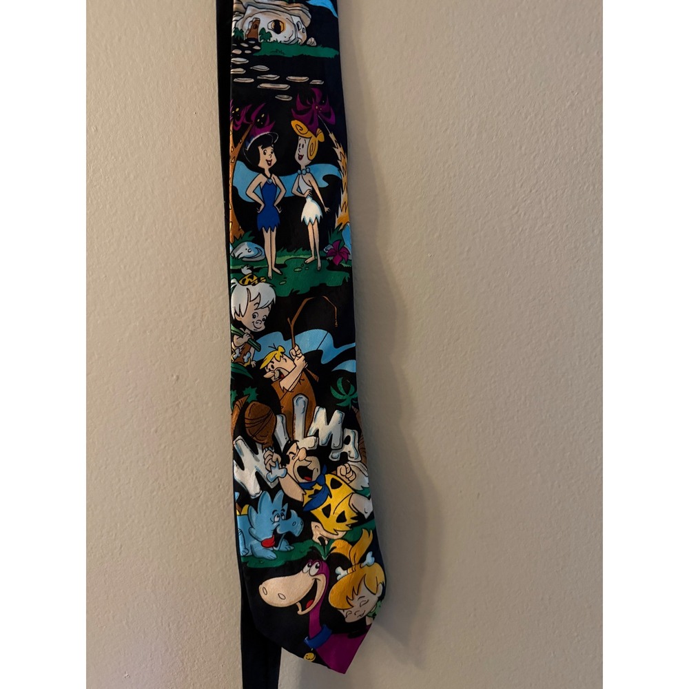 Vintage 1993 Hanna-Barbera The Flintstones Mens Silk Tie Black Cartoon Retro 90s